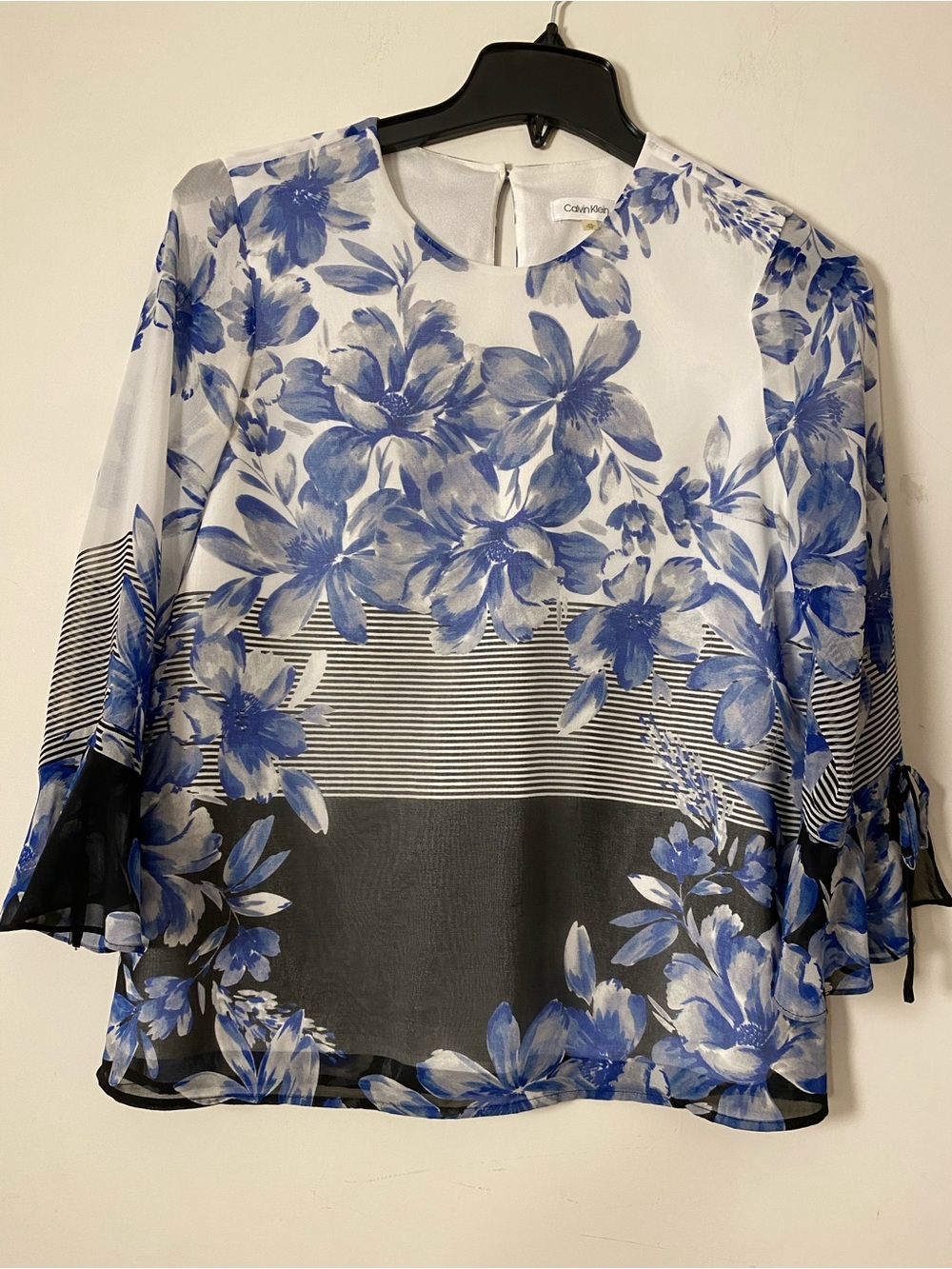 Calvin Klein White Blouse with Blue Floral Print and Black Accents